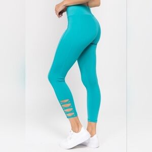 Active Women's Peacock Teal  High Waist Criss-cross Ankle Leggings Size S NWT